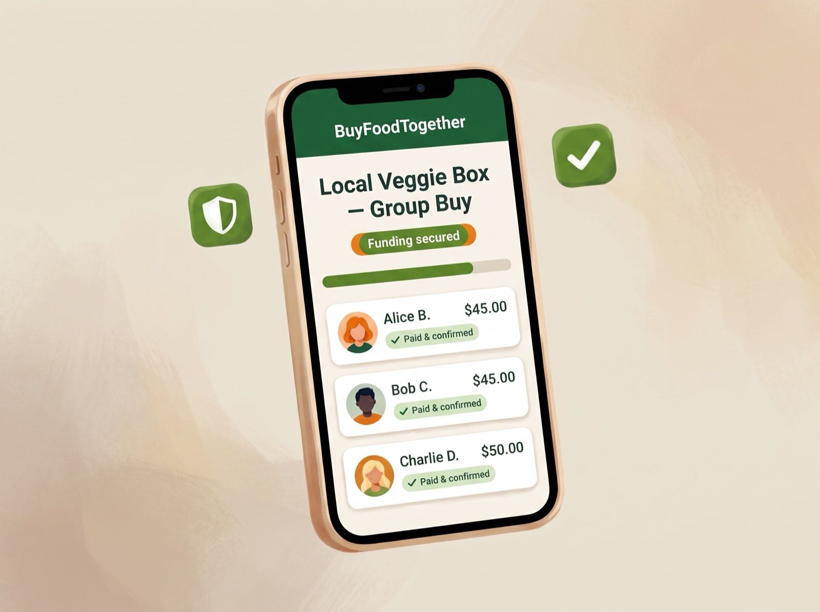 A phone showing confirmed, paid orders for a group buy