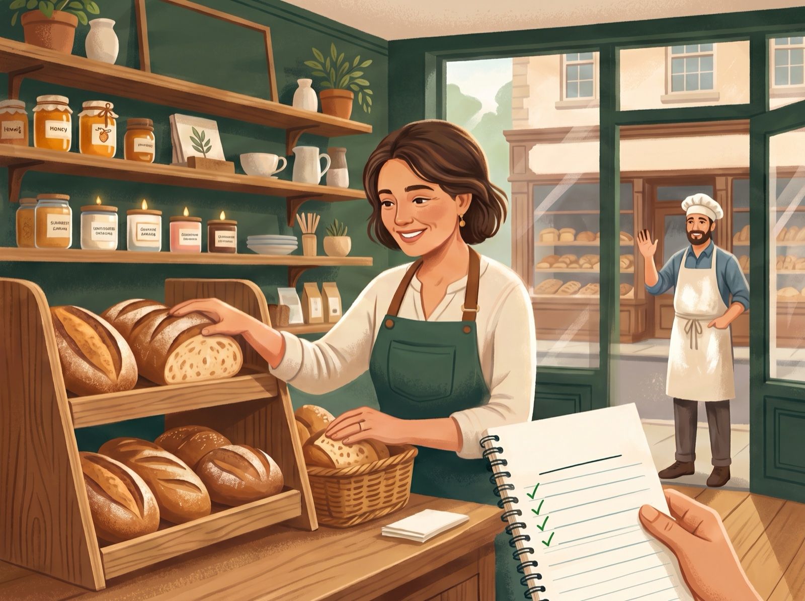 A shop owner with local baked goods